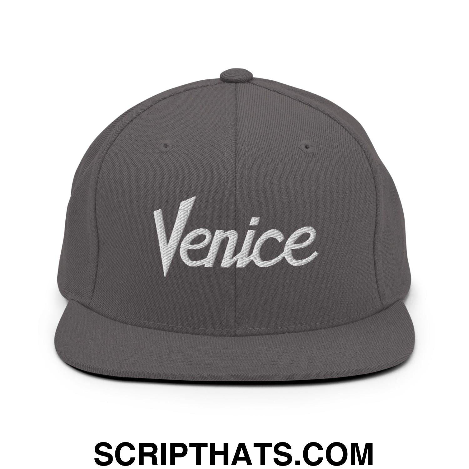 Venice Vintage Sports Script Embroidered Flat Bill Brim Snapback Hat Dark Grey