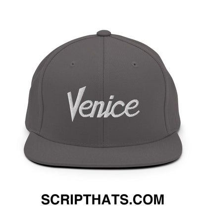 Venice Vintage Sports Script Embroidered Flat Bill Brim Snapback Hat Dark Grey