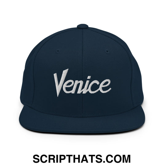 Venice Vintage Sports Script Embroidered Flat Bill Brim Snapback Hat Dark Navy