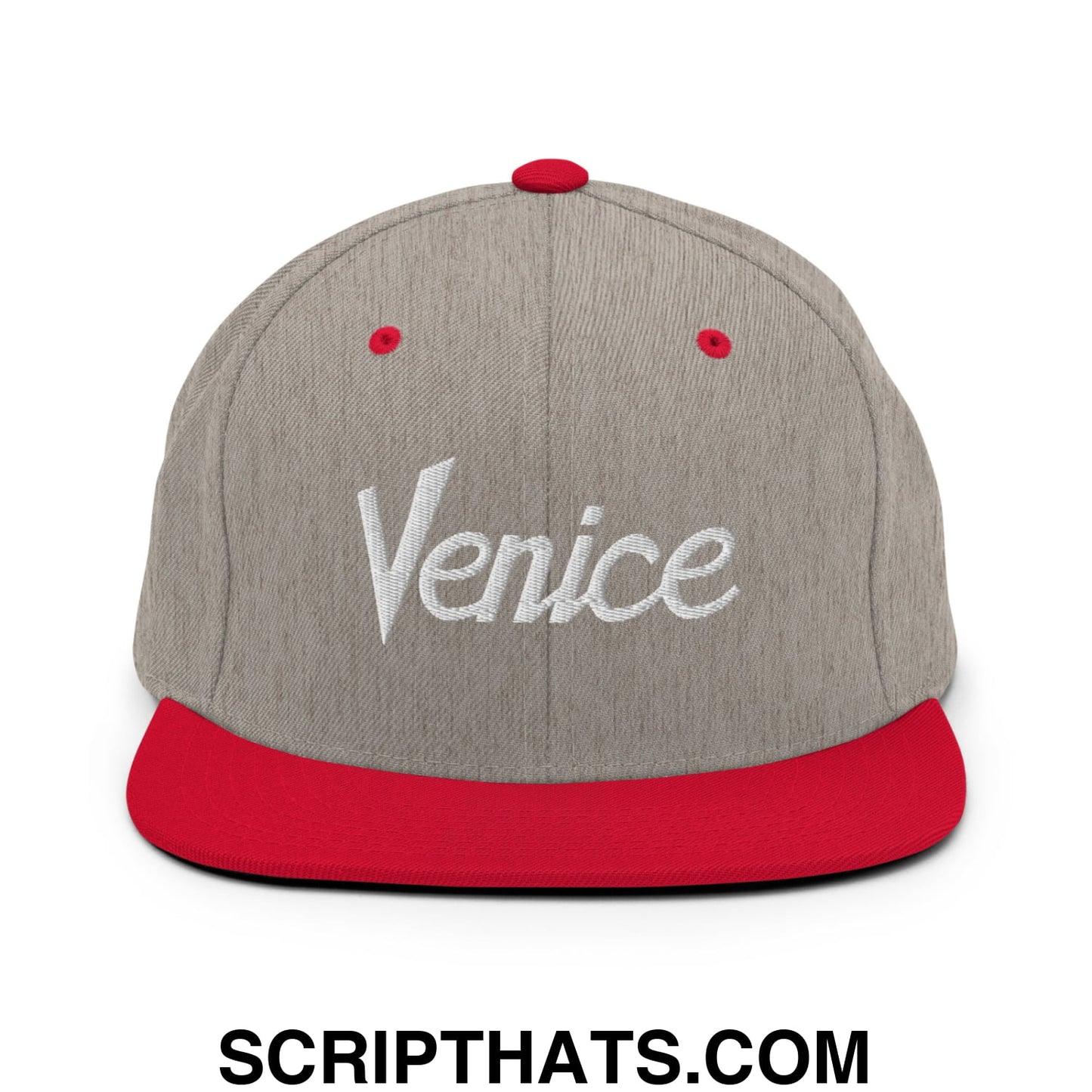 Venice Vintage Sports Script Embroidered Flat Bill Brim Snapback Hat Heather Grey Red