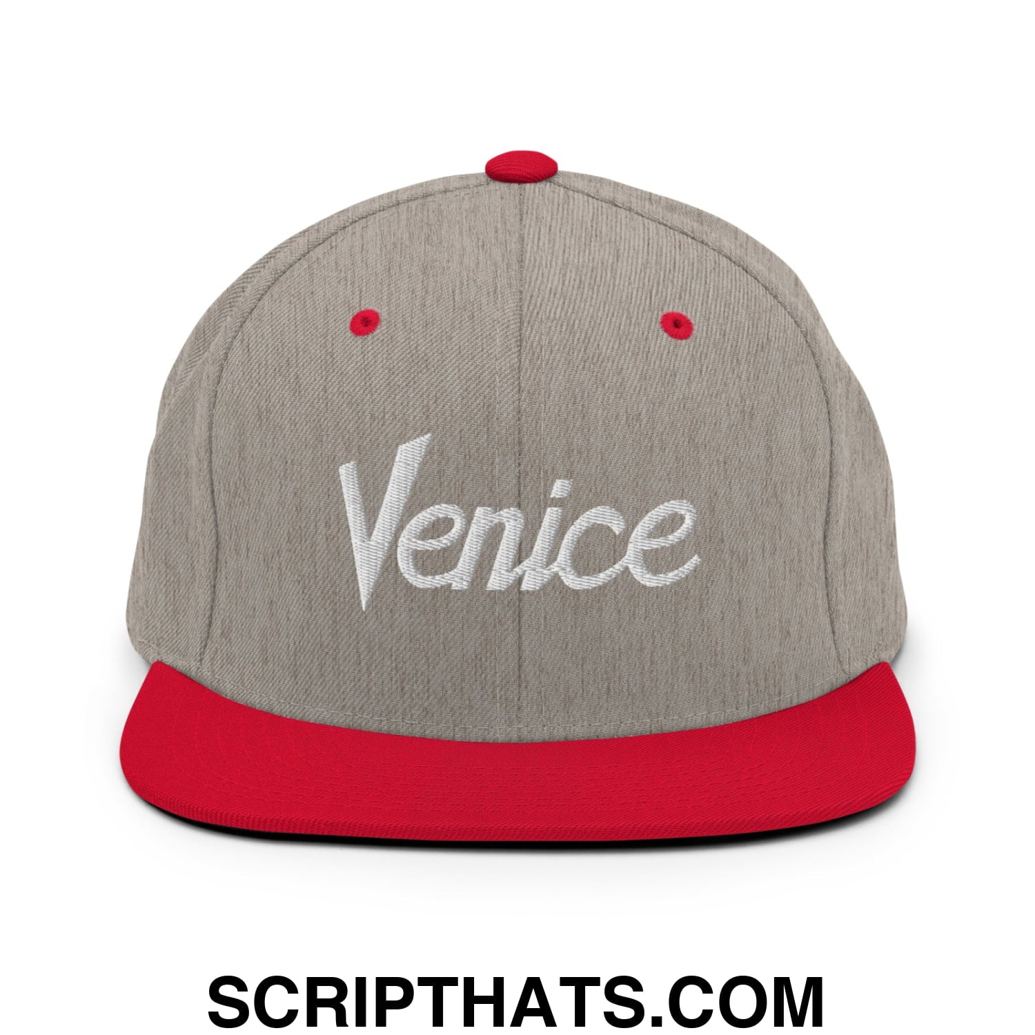 Venice Vintage Sports Script Embroidered Flat Bill Brim Snapback Hat Heather Grey Red