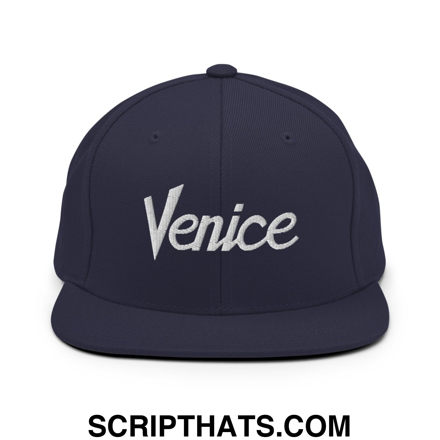 Venice Vintage Sports Script Embroidered Flat Bill Brim Snapback Hat Navy