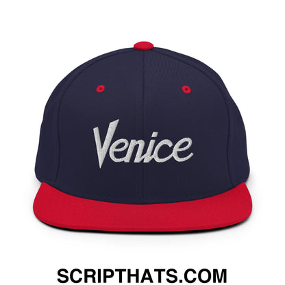 Venice Vintage Sports Script Embroidered Flat Bill Brim Snapback Hat Navy Red