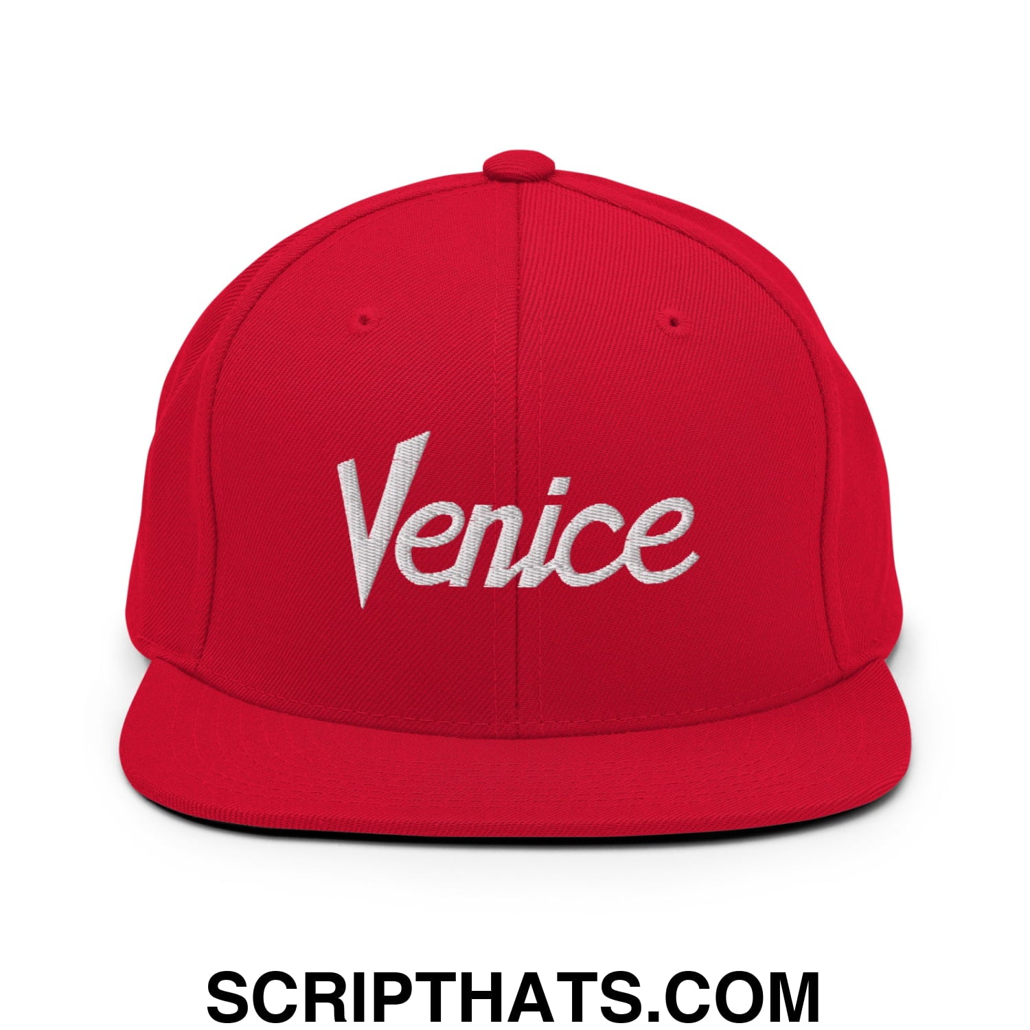 Venice Vintage Sports Script Embroidered Flat Bill Brim Snapback Hat Red