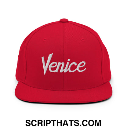 Venice Vintage Sports Script Embroidered Flat Bill Brim Snapback Hat Red