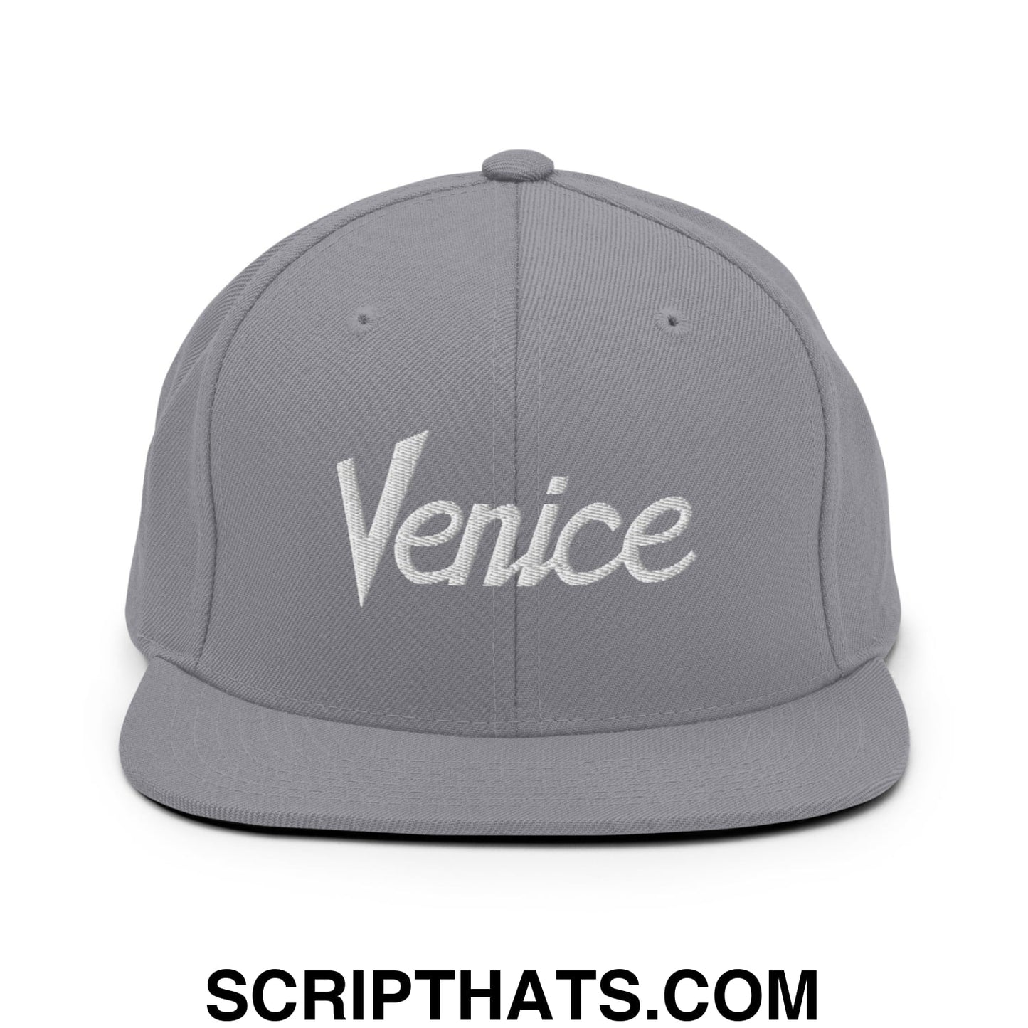 Venice Vintage Sports Script Embroidered Flat Bill Brim Snapback Hat Silver