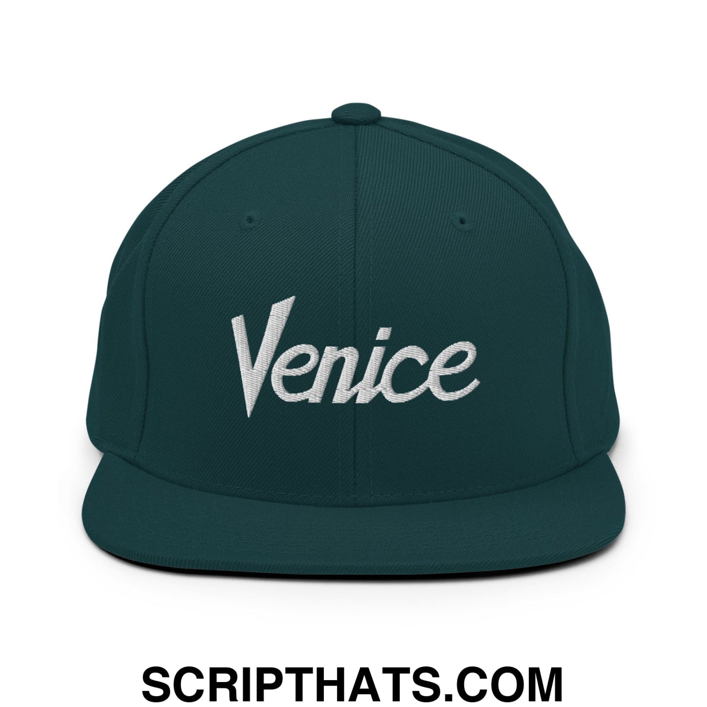 Venice Vintage Sports Script Embroidered Flat Bill Brim Snapback Hat Spruce
