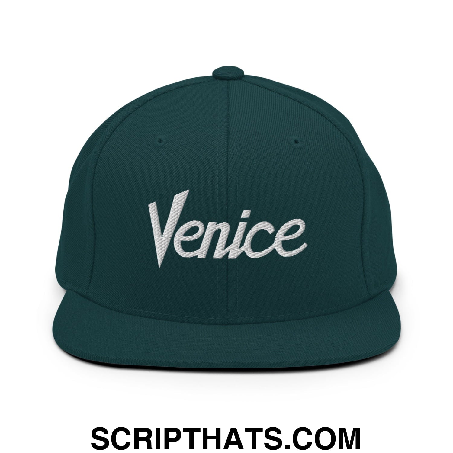 Venice Vintage Sports Script Embroidered Flat Bill Brim Snapback Hat Spruce