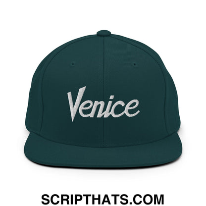 Venice Vintage Sports Script Embroidered Flat Bill Brim Snapback Hat Spruce