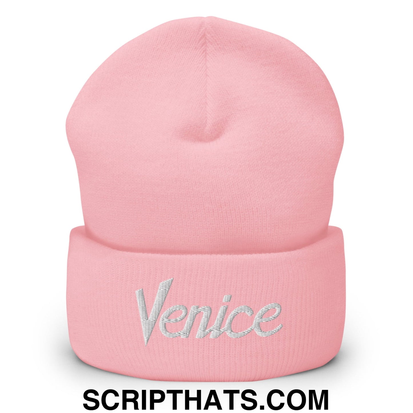 Venice Vintage Sports Script Embroidered Knit Cuffed Beanie Baby Pink