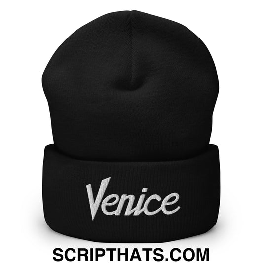 Venice Vintage Sports Script Embroidered Knit Cuffed Beanie Black