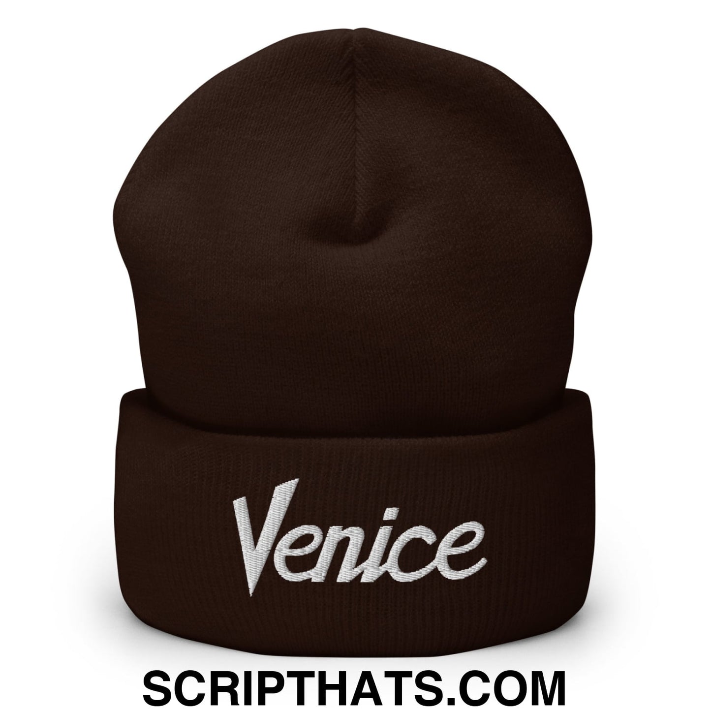 Venice Vintage Sports Script Embroidered Knit Cuffed Beanie Brown