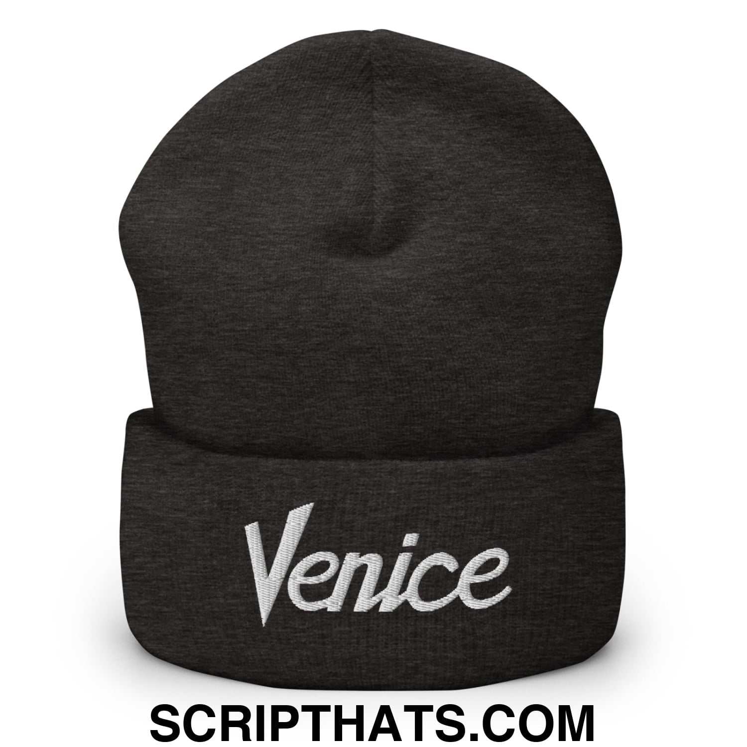 Venice Vintage Sports Script Embroidered Knit Cuffed Beanie Dark Grey