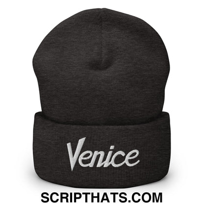 Venice Vintage Sports Script Embroidered Knit Cuffed Beanie Dark Grey