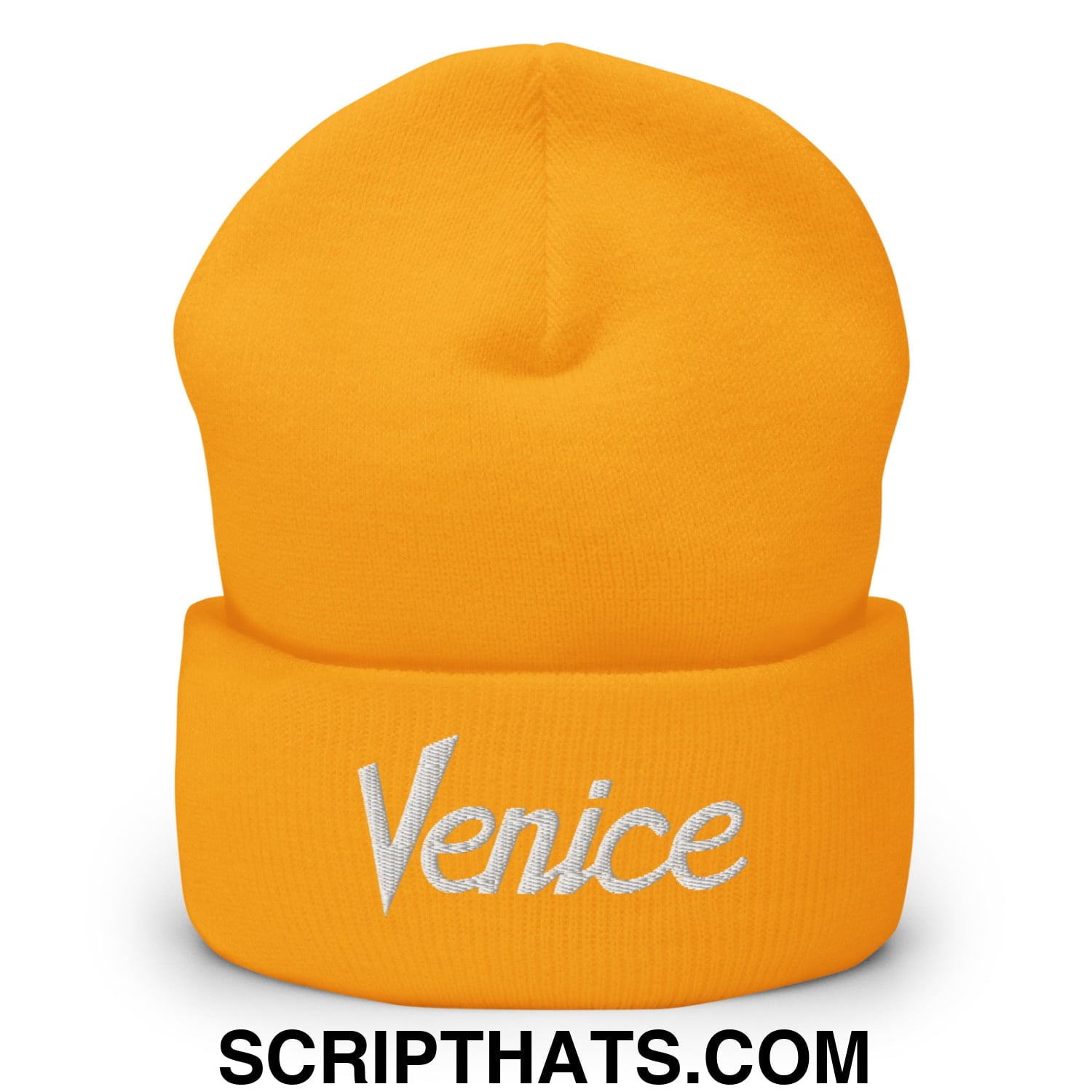 Venice Vintage Sports Script Embroidered Knit Cuffed Beanie Gold