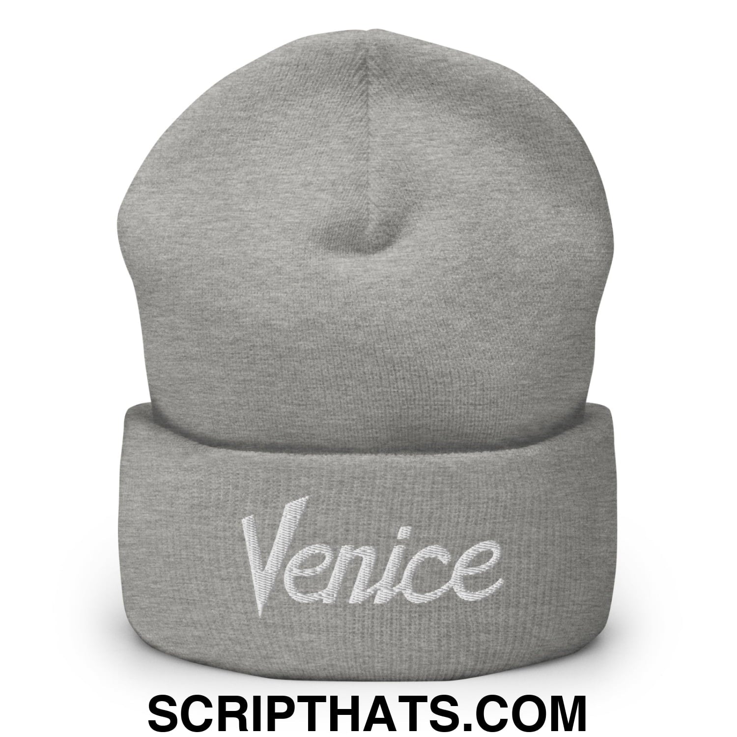 Venice Vintage Sports Script Embroidered Knit Cuffed Beanie Heather Grey