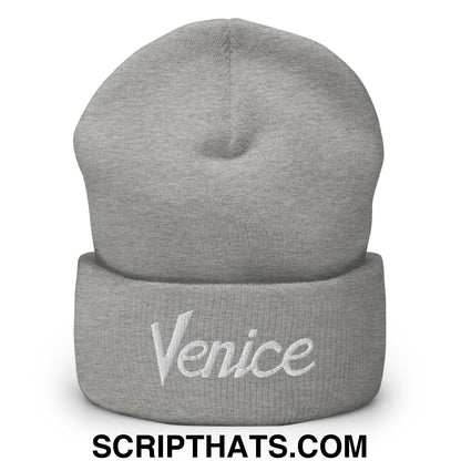 Venice Vintage Sports Script Embroidered Knit Cuffed Beanie Heather Grey