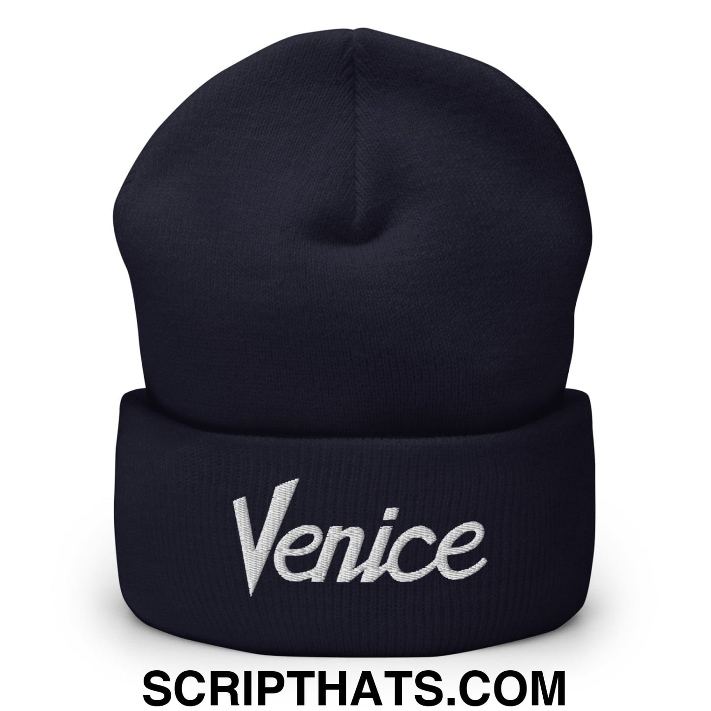Venice Vintage Sports Script Embroidered Knit Cuffed Beanie Navy