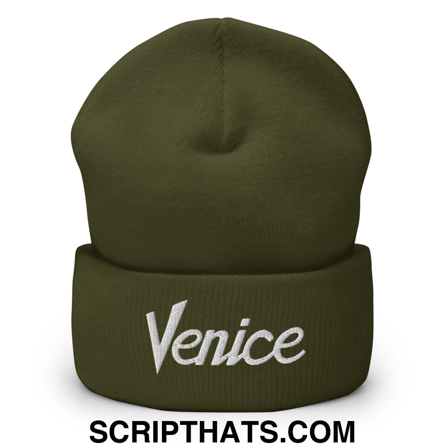 Venice Vintage Sports Script Embroidered Knit Cuffed Beanie Olive