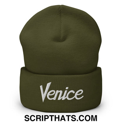 Venice Vintage Sports Script Embroidered Knit Cuffed Beanie Olive