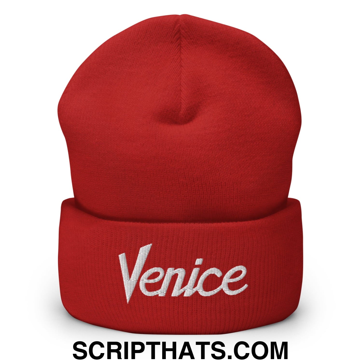 Venice Vintage Sports Script Embroidered Knit Cuffed Beanie Red