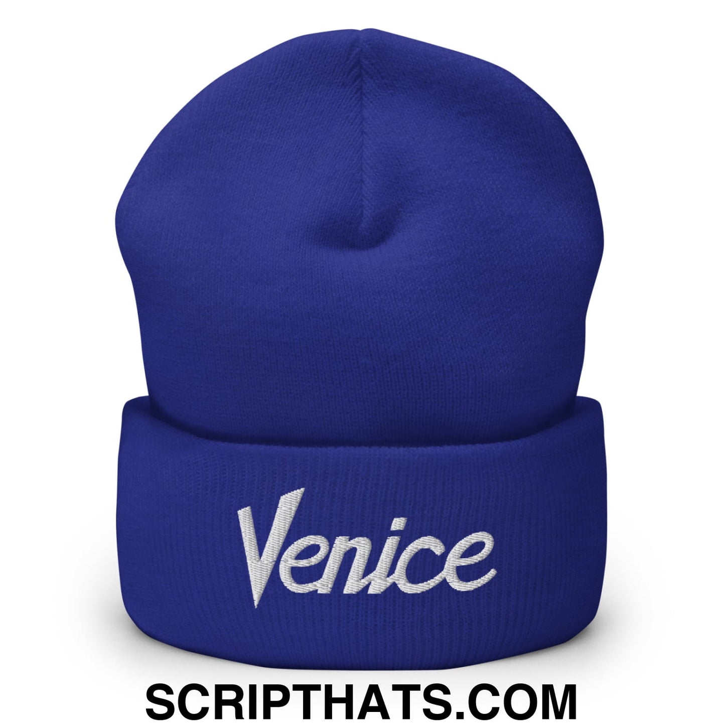 Venice Vintage Sports Script Embroidered Knit Cuffed Beanie Royal