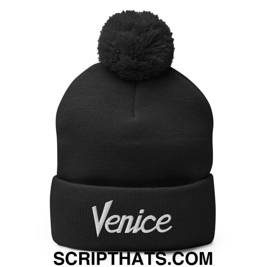 Venice Vintage Sports Script Embroidered Knit Pom Pom Beanie Black