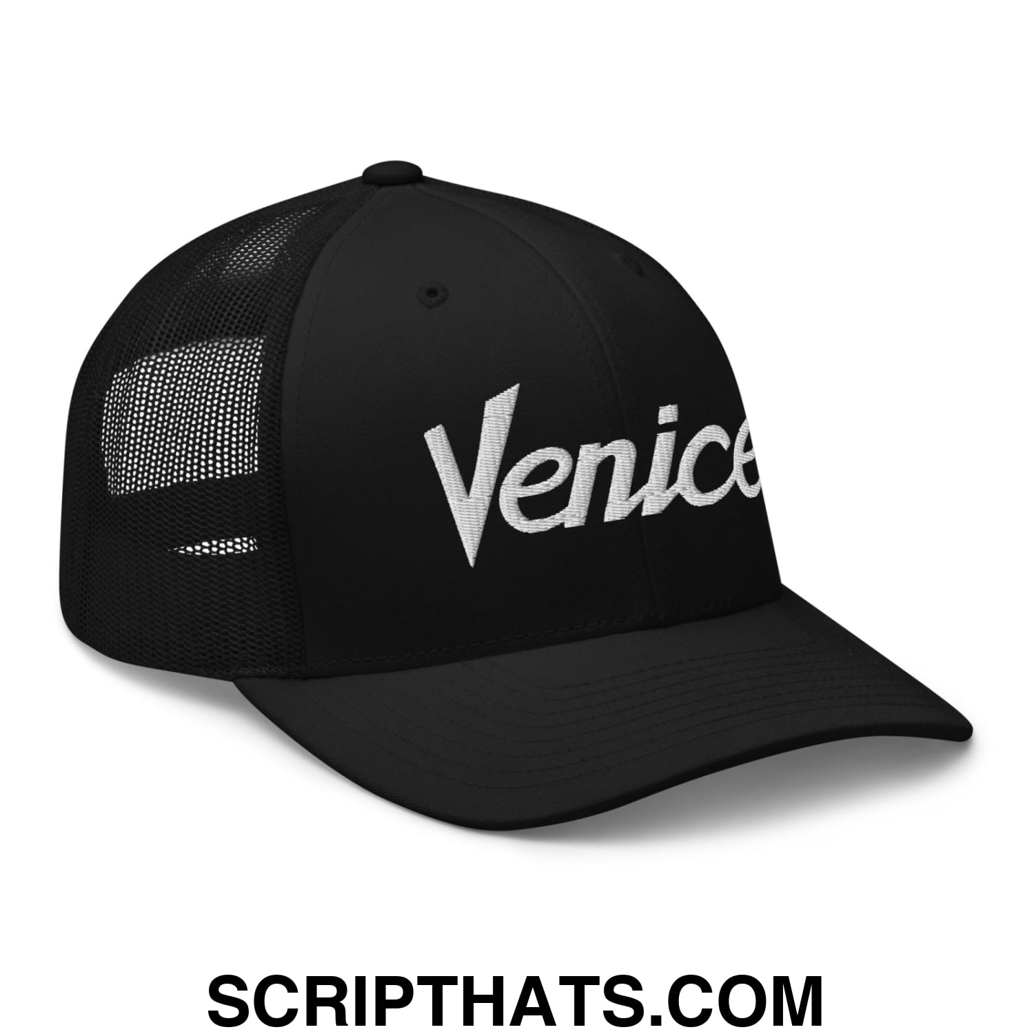 Venice Vintage Sports Script Embroidered Mesh Trucker Hat Black