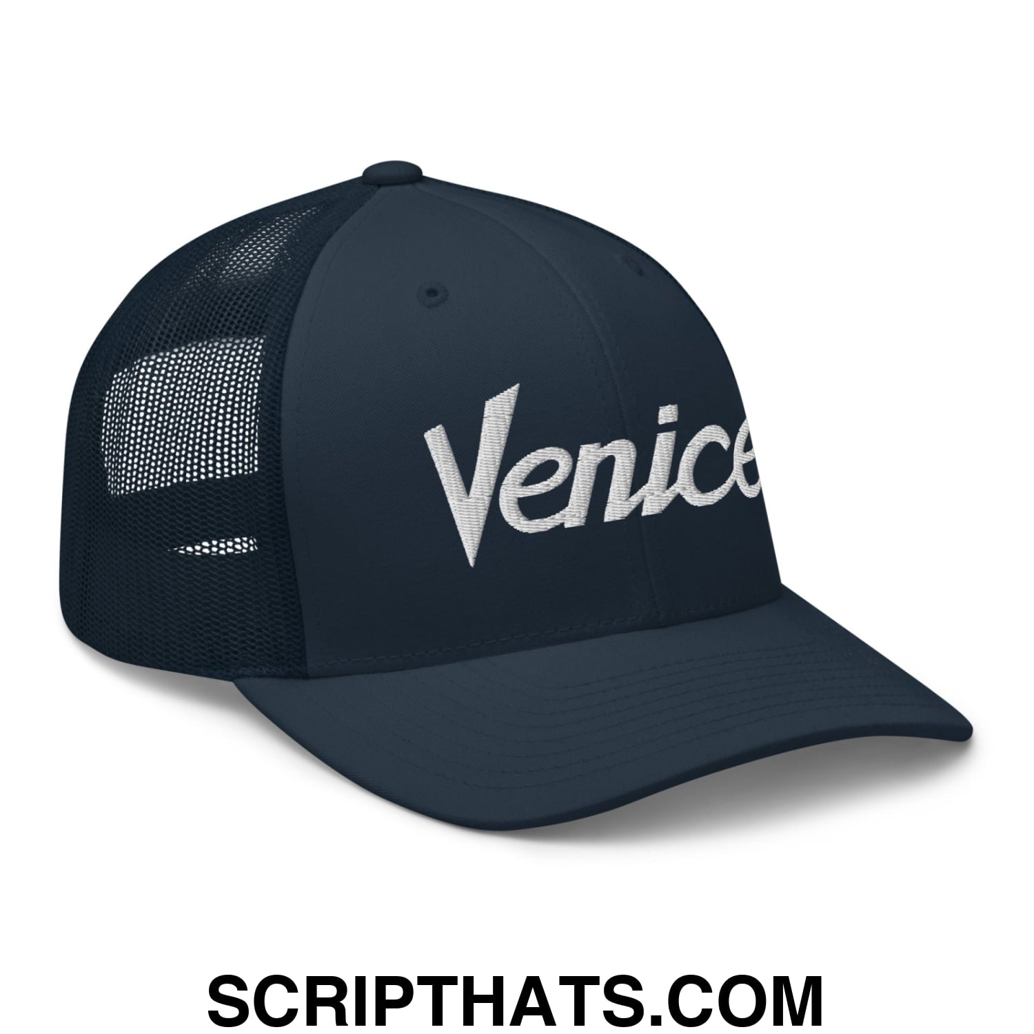 Venice Vintage Sports Script Embroidered Mesh Trucker Hat Navy