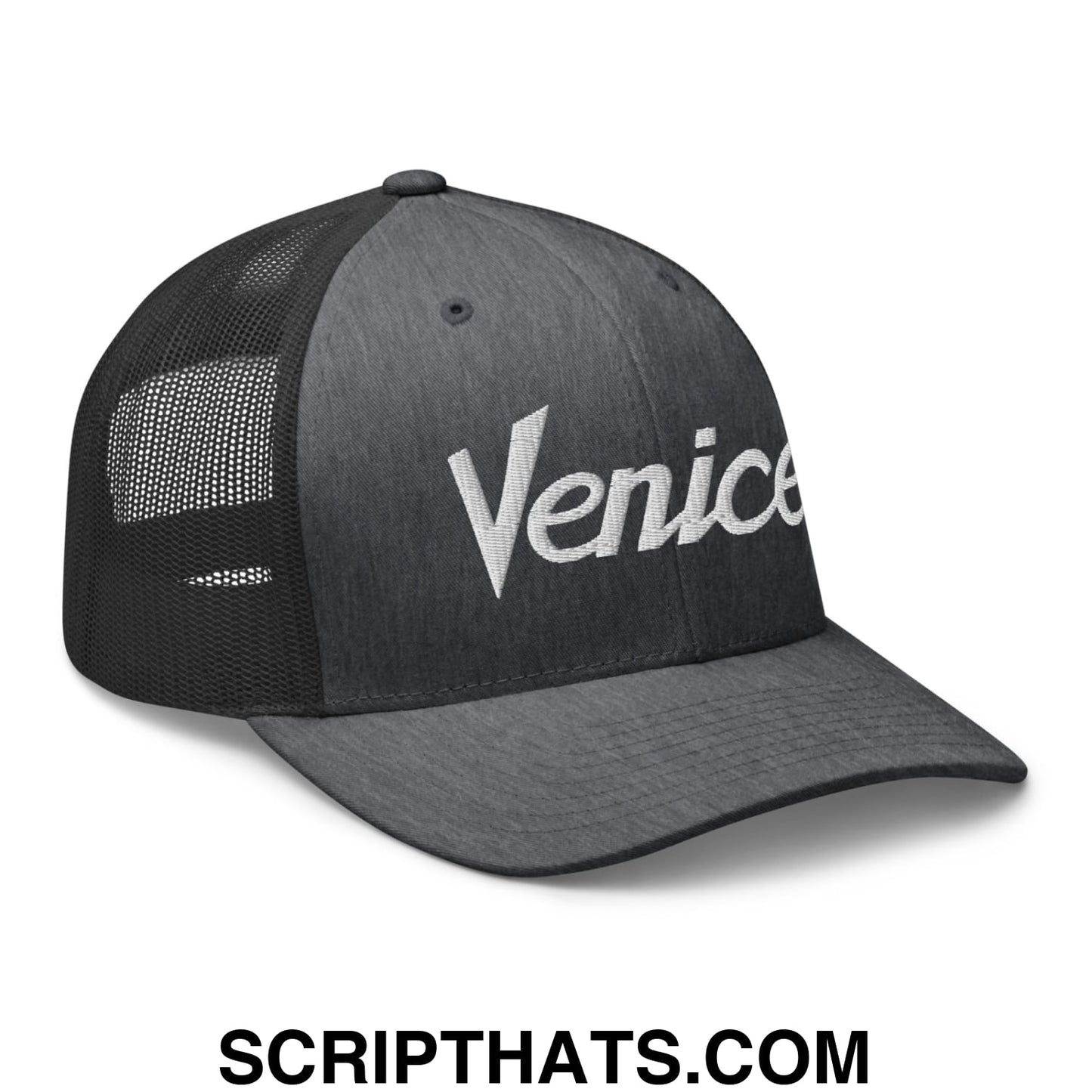 Venice Vintage Sports Script Embroidered Mesh Trucker Hat Dark Heather Gray