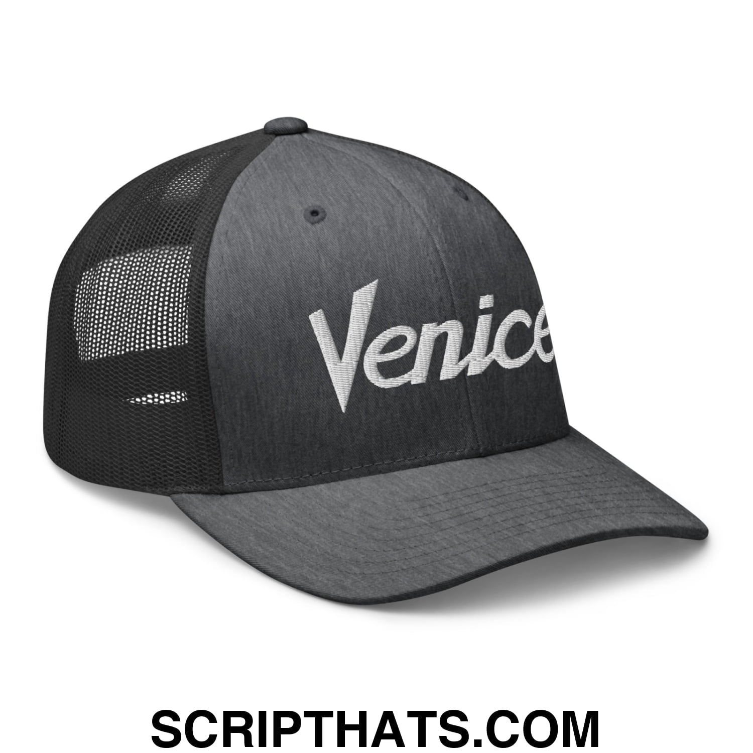 Venice Vintage Sports Script Embroidered Mesh Trucker Hat Dark Heather Gray