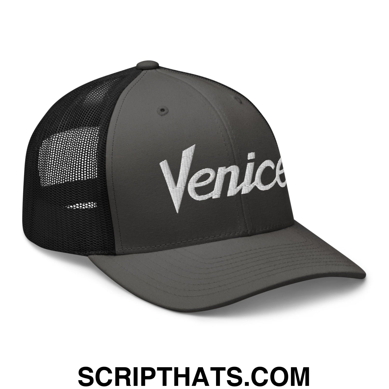 Venice Vintage Sports Script Embroidered Mesh Trucker Hat Charcoal Black