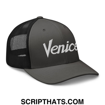 Venice Vintage Sports Script Embroidered Mesh Trucker Hat Charcoal Black
