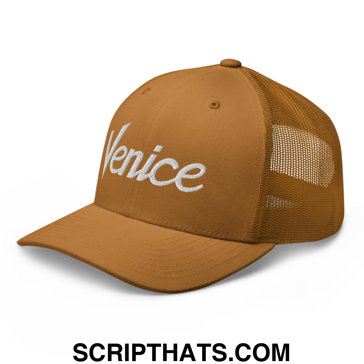 Venice Vintage Sports Script Embroidered Mesh Trucker Hat Caramel