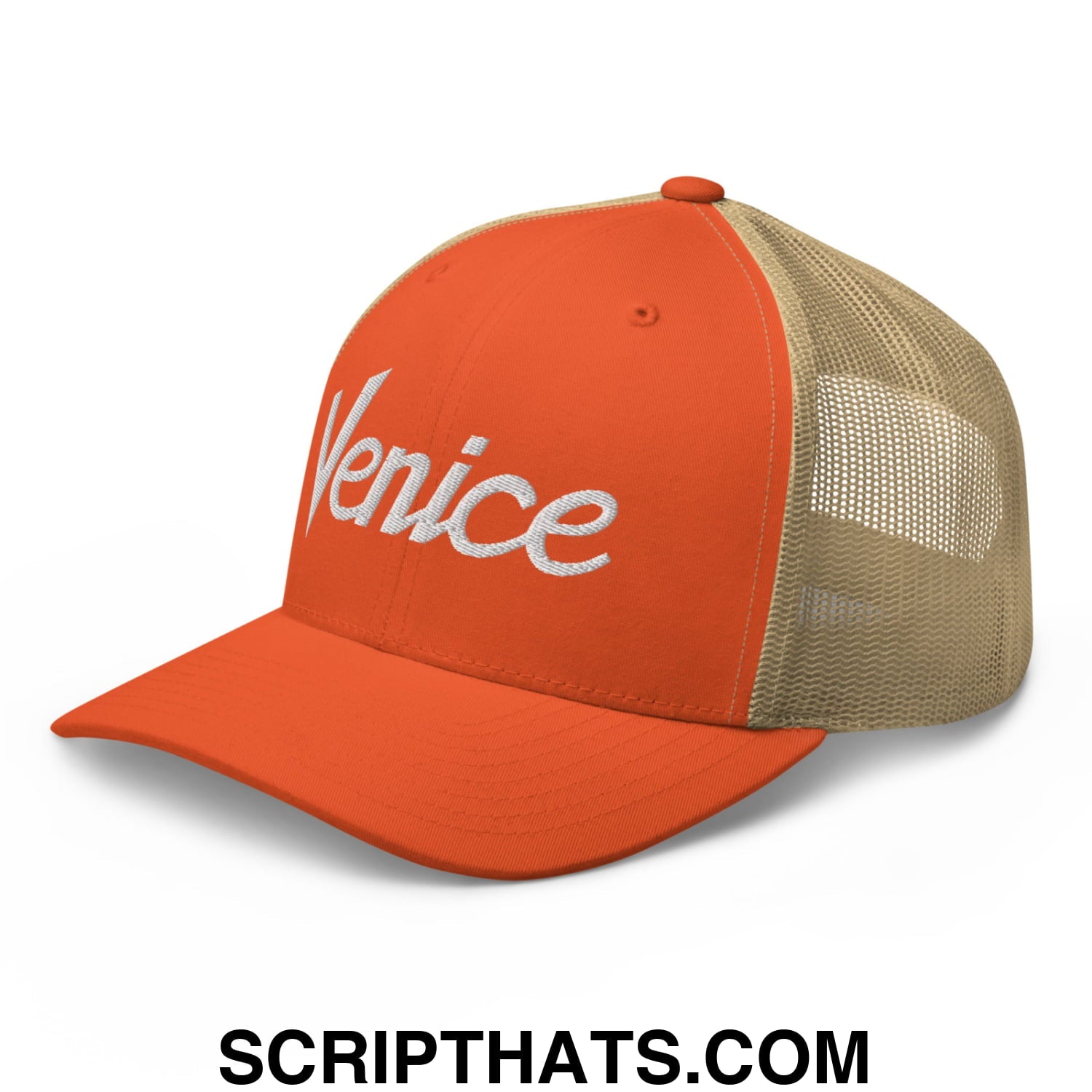 Venice Vintage Sports Script Embroidered Mesh Trucker Hat Rustic Orange Khaki
