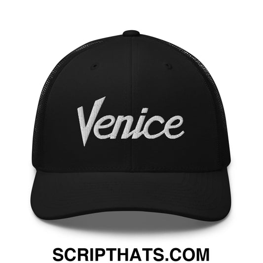 Venice Vintage Sports Script Embroidered Mesh Trucker Hat Black