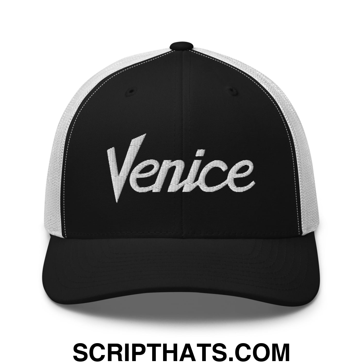 Venice Vintage Sports Script Embroidered Mesh Trucker Hat Black White