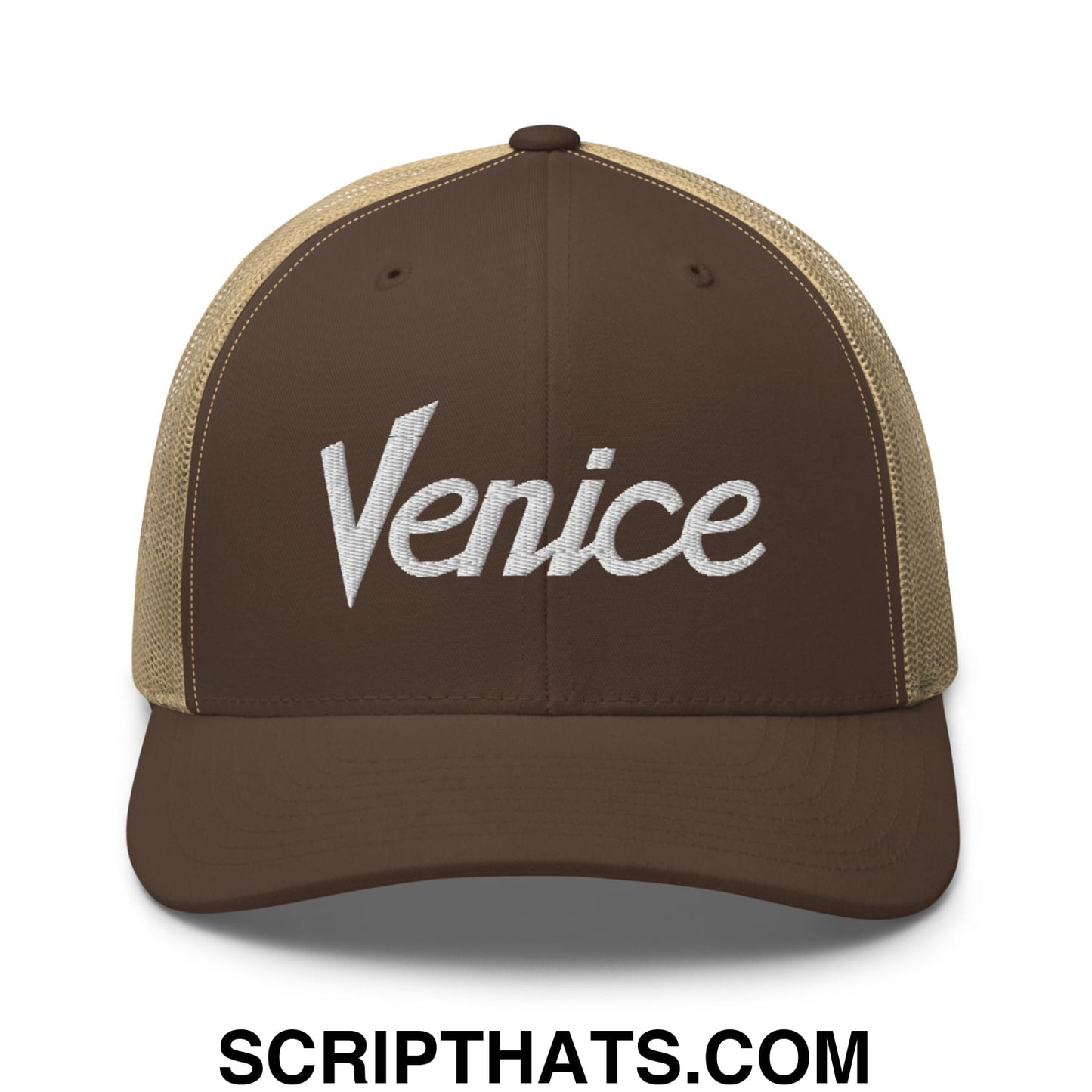Venice Vintage Sports Script Embroidered Mesh Trucker Hat Brown Khaki