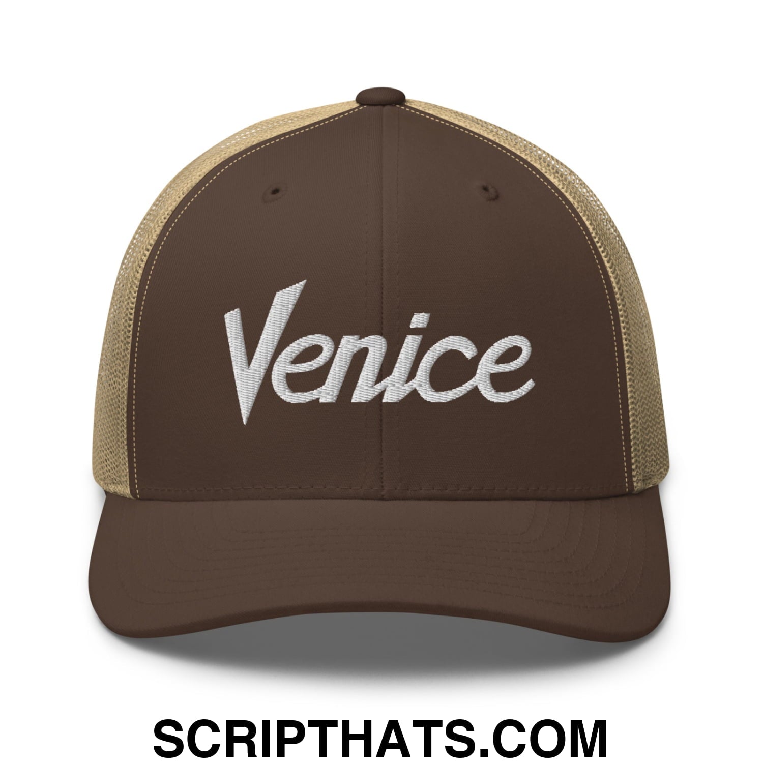 Venice Vintage Sports Script Embroidered Mesh Trucker Hat Brown Khaki
