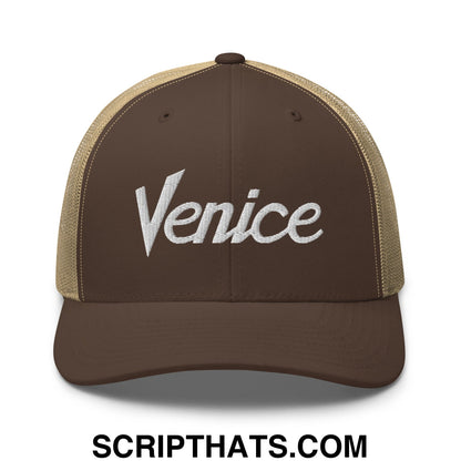 Venice Vintage Sports Script Embroidered Mesh Trucker Hat Brown Khaki