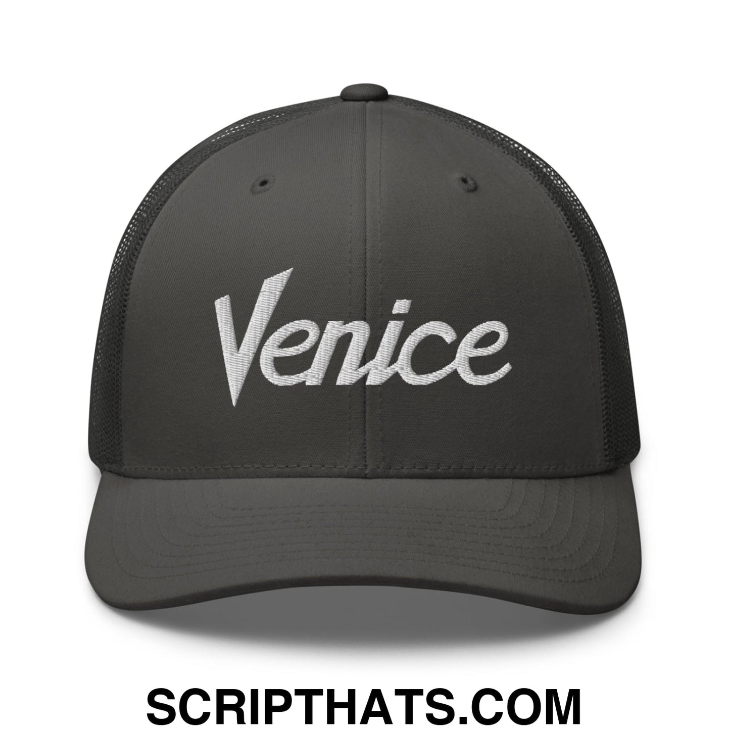 Venice Vintage Sports Script Embroidered Mesh Trucker Hat Charcoal
