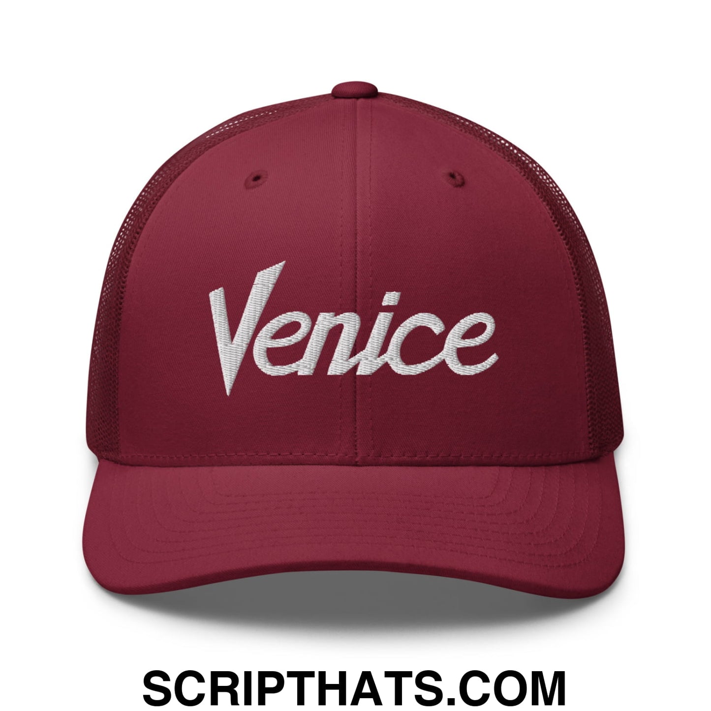 Venice Vintage Sports Script Embroidered Mesh Trucker Hat Cranberry