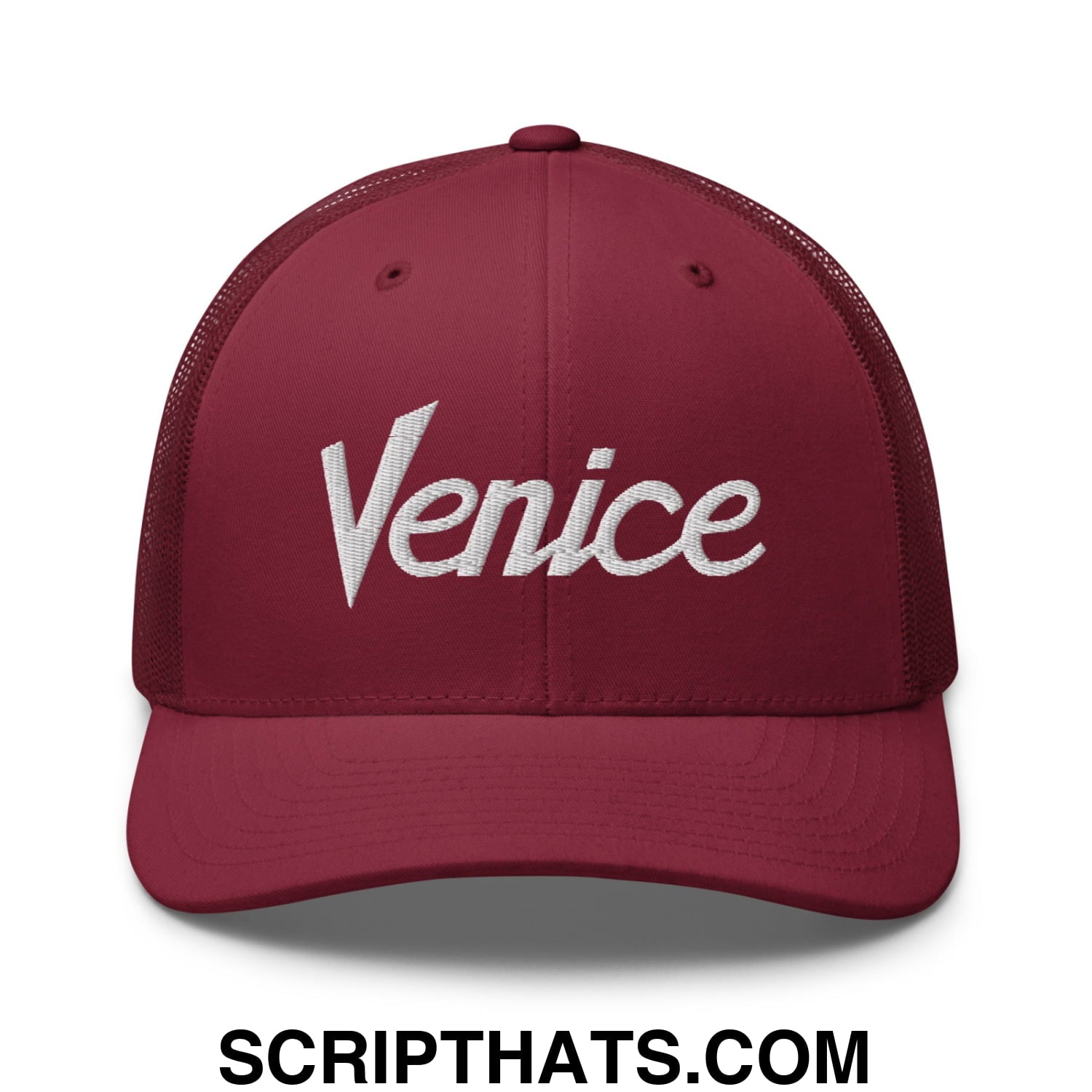 Venice Vintage Sports Script Embroidered Mesh Trucker Hat Cranberry
