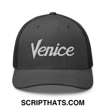Venice Vintage Sports Script Embroidered Mesh Trucker Hat Dark Heather Gray