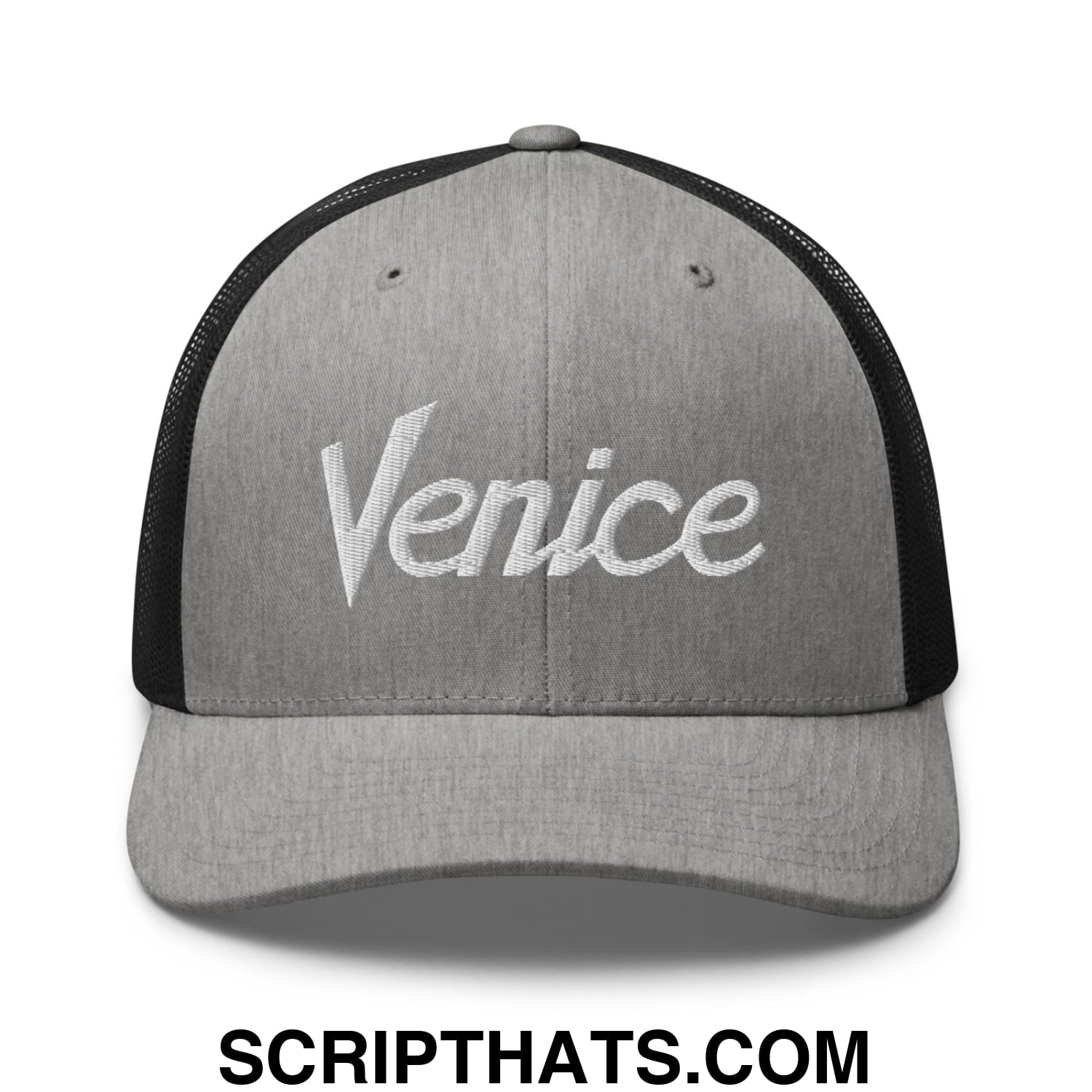Venice Vintage Sports Script Embroidered Mesh Trucker Hat Heather Black