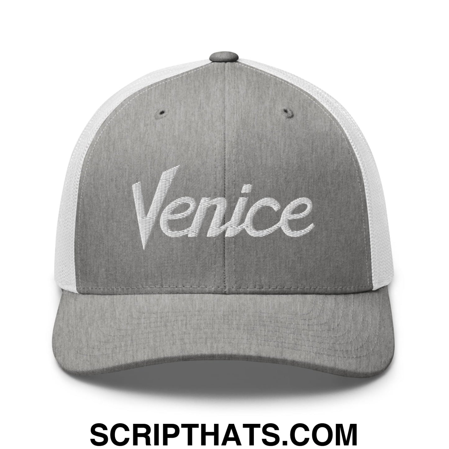 Venice Vintage Sports Script Embroidered Mesh Trucker Hat Heather Grey White