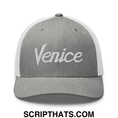 Venice Vintage Sports Script Embroidered Mesh Trucker Hat Heather Grey White