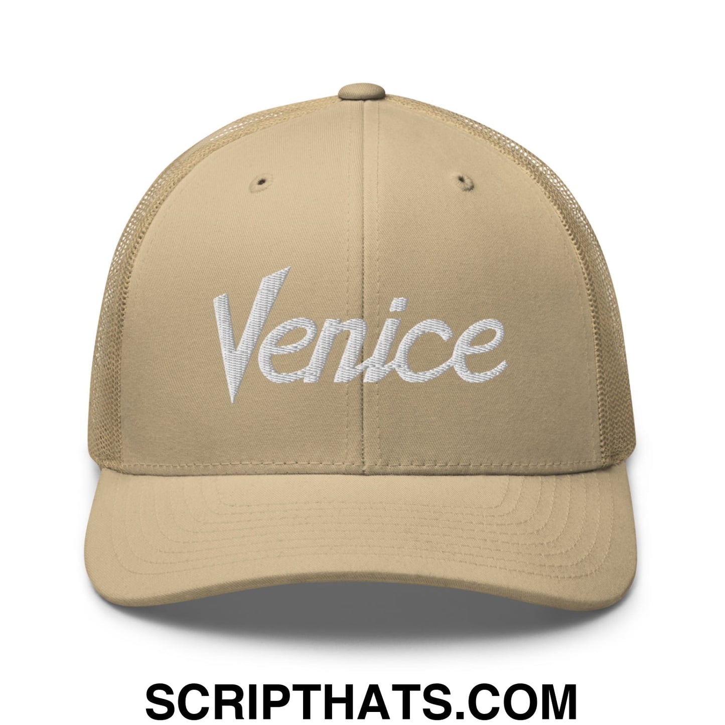 Venice Vintage Sports Script Embroidered Mesh Trucker Hat Khaki