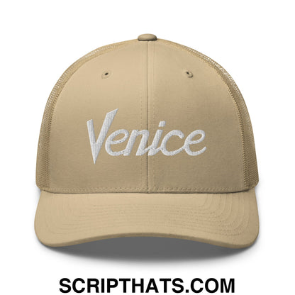 Venice Vintage Sports Script Embroidered Mesh Trucker Hat Khaki