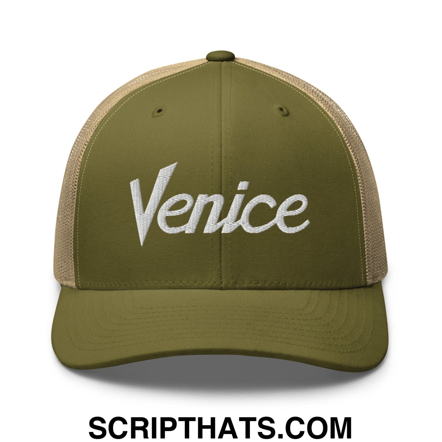 Venice Vintage Sports Script Embroidered Mesh Trucker Hat Moss Khaki